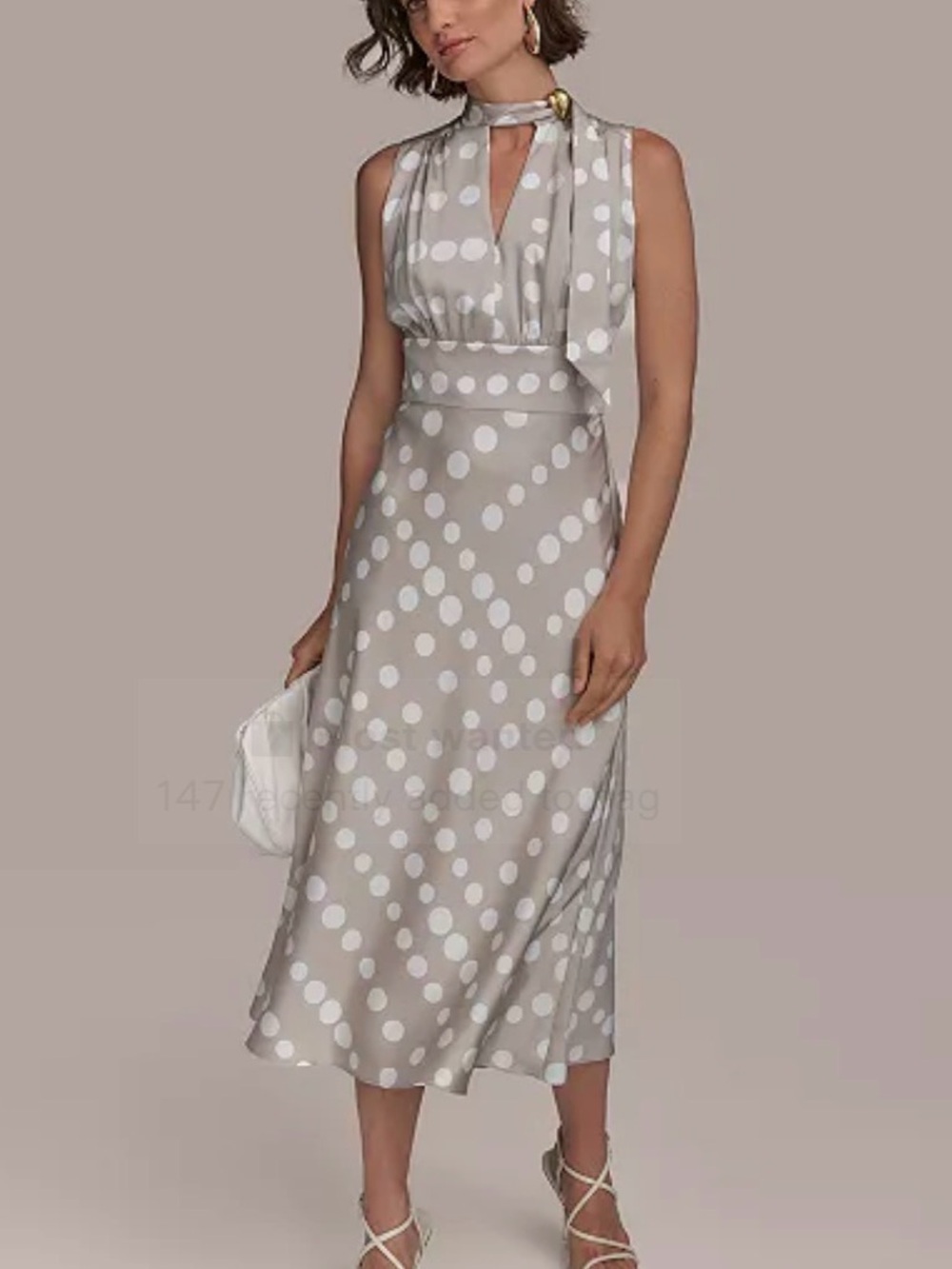 Donna Karan Taupe Polka Dot Sleeveless Midi Dress with Neck Tie